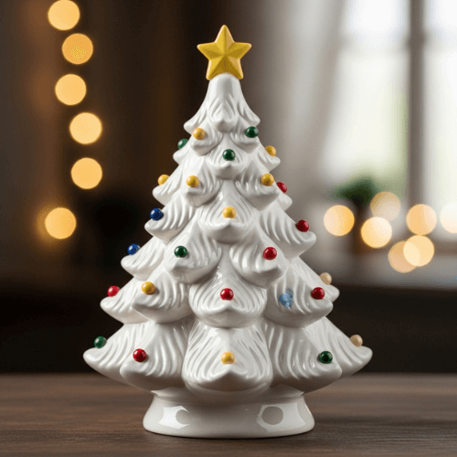 white ceramic christmas trees with lights